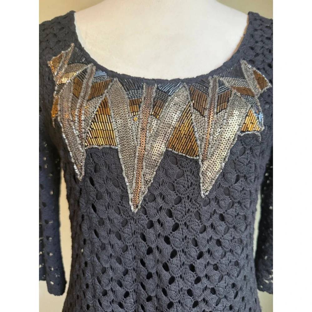 Miss Me Black Crochet Lace Beaded Sequin mini Dress Small dainty whimsigoth boho